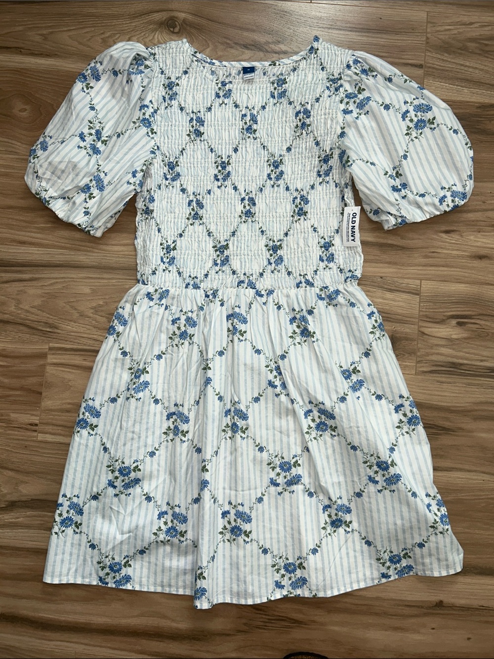 Old Navy White and Blue Floral Smocked Mini Dress